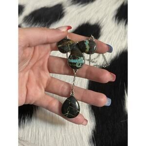 Native American SW Sterling Silver Blackjack Turquoise Cluster Lariat Necklace